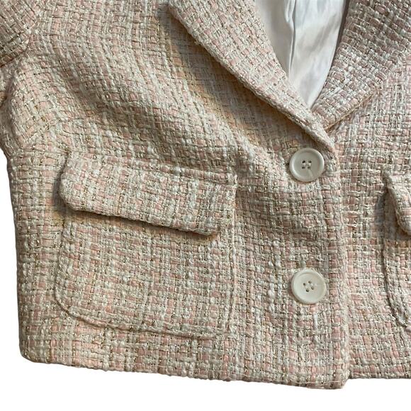 Forever 21 Blazer Women’s SZ S Pink Cream Gold Cropped Tweed Pocket Button Up - Picture 6 of 14